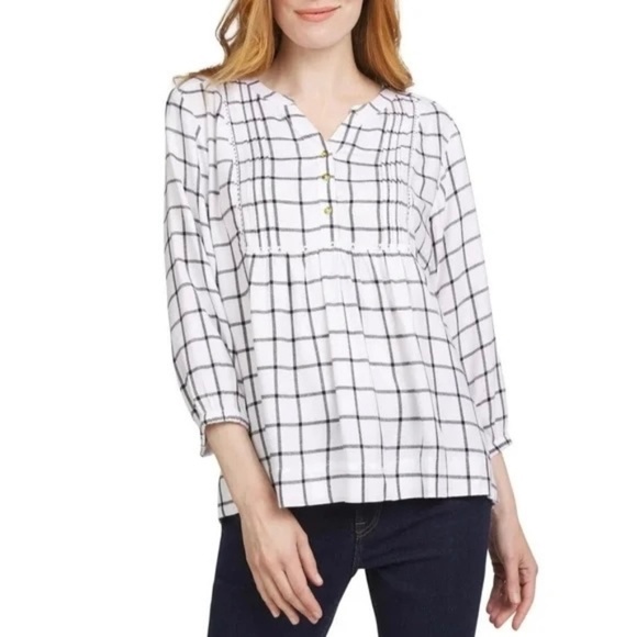 Wrangler White/Black Plaid Popover Blouse, 3/4 Sleeves, Large, NWT - Picture 1 of 15